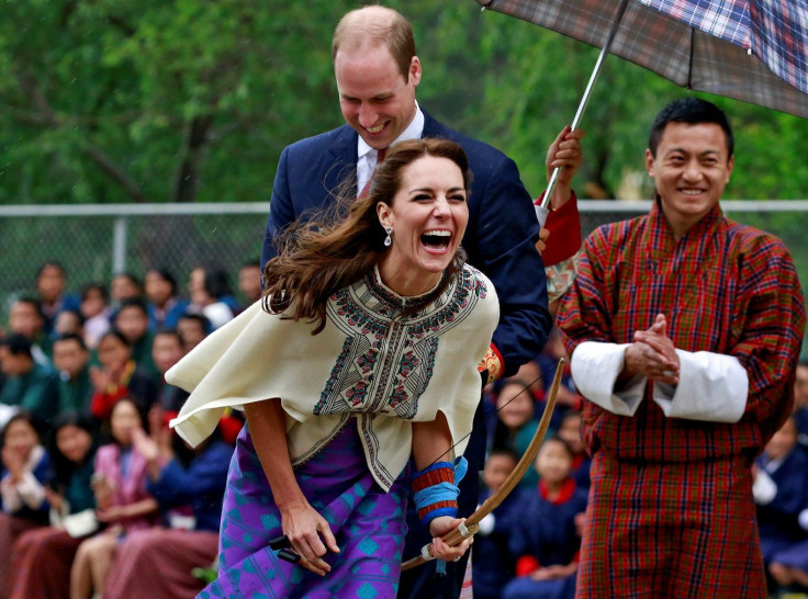 Britain's Catherine, Duchess of Cambridge reacts after shooting an arrow at Changlimithang Archery Ground in Thimphu, Bhutan, April 14, 2016. 