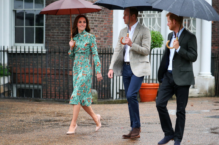 Britain's Catherine Duchess of Cambridge, Prince William and Prince Harry arrive for a visit to the White Garden in Kensington Palace in London, Britain August 30, 2017.