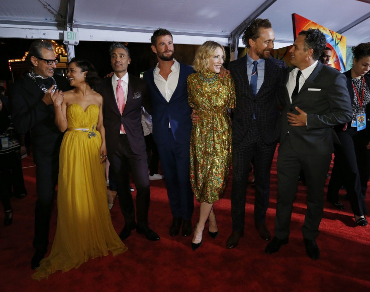 World Premiere of “Thor: Ragnarok” – Los Angeles, California, U.S., 11/10/2017 - (L-R) Jeff Goldblum, Tessa Thompson, Taika Waititi, Chris Helmsworth, Cate Blanchett, Tom Hiddleston and Mark Ruffalo.