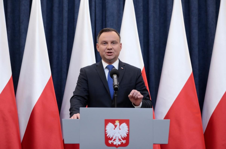 Poland's President Andrzej Duda speaks during his media announcement about his decision on the Holocaust bill at Presidential Palace in Warsaw, Poland, February 6, 2018.