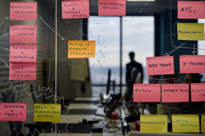 Post-it notes are displayed in the UBS "fintech lab" at Canary Wharf in London, Britain, October 19, 2016.
