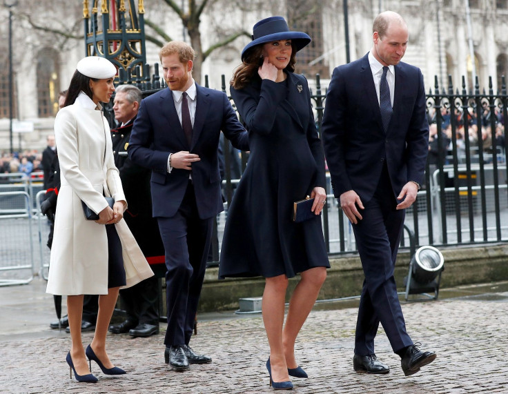 Britain's Prince Harry, his fiancee Meghan Markle, Prince William and Kate, the Duchess of Cambridge, arrive at the Commonwealth Service at Westminster Abbey in London, Britain, March 12, 2018.