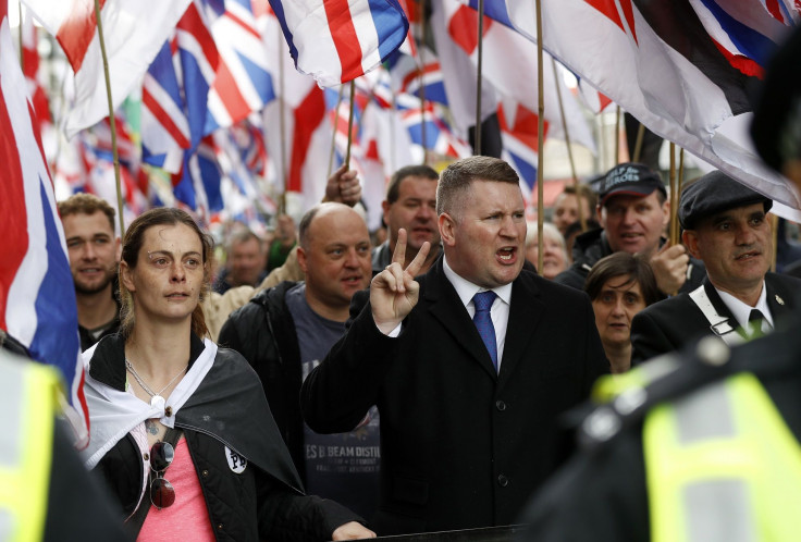 Paul Golding, the leader of Britain First, gestures during a march held following the recent Westminster attack, in central London, Britain April 1, 2017.