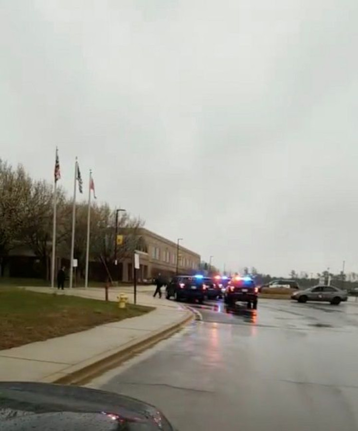 Law enforcement vehicles arrive at the Great Mills High School in Lexington Park, St. Mary's County, Maryland, U.S., March 20, 2018 in this still image obtained from social media video.