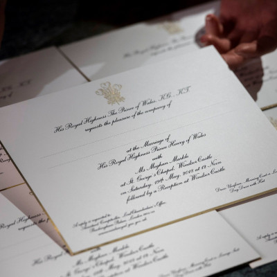 Invitations for Britain's Prince Harry and Meghan Markle's wedding in Windsor Castle in May, are seen after they have been printed at the workshop of Barnard and Westwood in London, March 22, 2018.