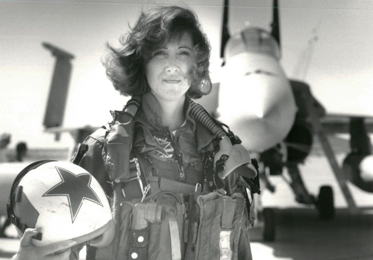 U.S. Navy Lieutenant Tammie Jo Shults, who is currently a Southwest Airlines pilot, poses in front of a Navy F/A-18A in this 1992 photo released in Washington, DC, U.S., April 18, 2018.