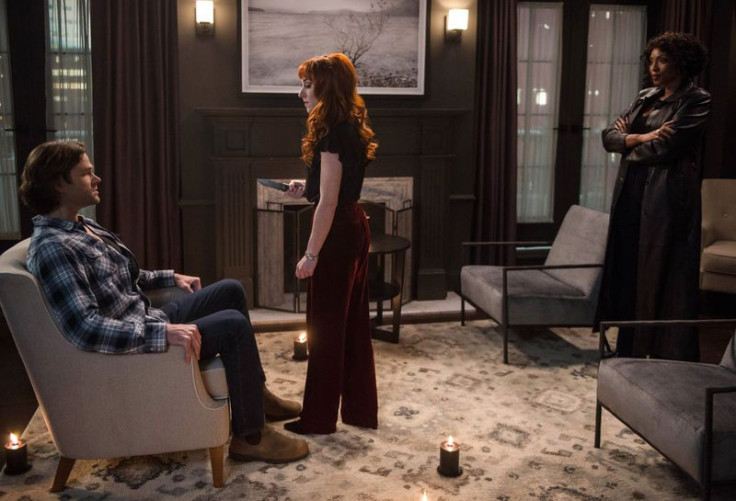 Jared Padalecki as Sam Winchester, Ruth Connell as Rowena MacLeod and Lisa Berry as Billie in "Supernatural" season 13 episode 19, "Funeralia."
