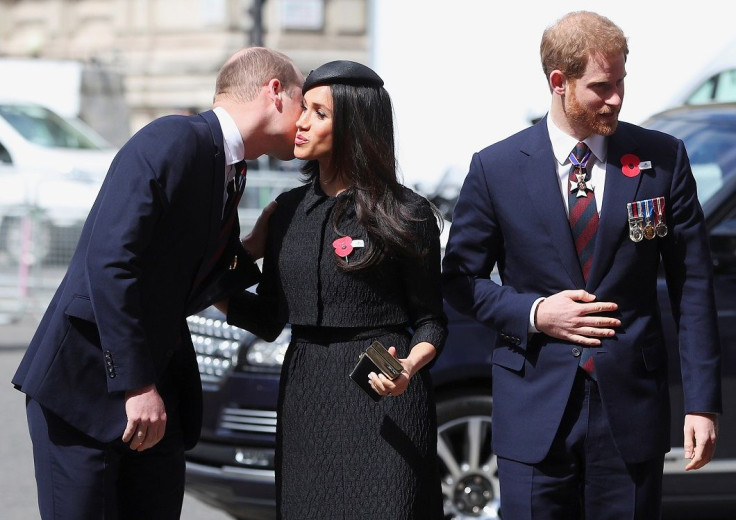 Britain's Prince William greets his brother Harry's fiancee Meghan Markle as they arrive for an ANZAC day service at Westminster Abbey in London, April 25, 2018.