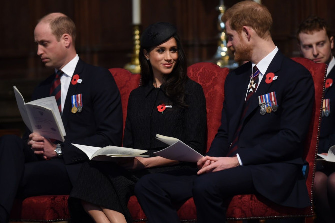 Britain's Prince William, Prince Harry and his fiancee Meghan Markle attend a Service of Thanksgiving and Commemoration on ANZAC Day at Westminster Abbey in London, Britain, April 25, 2018.