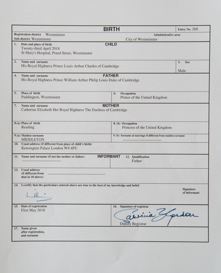 The official birth register entry of Prince Louis Arthur Charles of Cambridge, Britain's Prince William and Catherine, the Duchess of Cambridge's, third child, is seen in London,  May 1, 2018.
