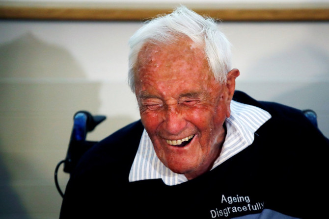 David Goodall, 104, reacts during a news conference a day before he intends to take his own life in assisted suicide, in Basel, Switzerland May 9, 2018.