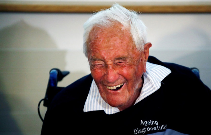 David Goodall, 104, reacts during a news conference a day before he intends to take his own life in assisted suicide, in Basel, Switzerland May 9, 2018.