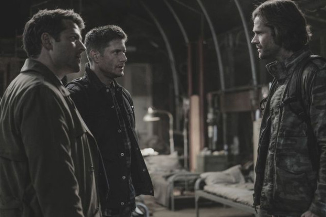 Misha Collins as Castiel, Jensen Ackles as Dean Winchester, and Jared Padalecki as Sam Winchester in "Supernatural" season 13 episode 22 "Exodus"