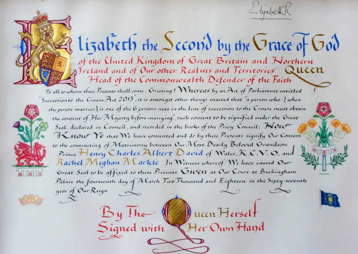 The Instrument of Consent by Queen Elizabeth II for the upcoming marriage of Prince Harry and Meghan Markle
