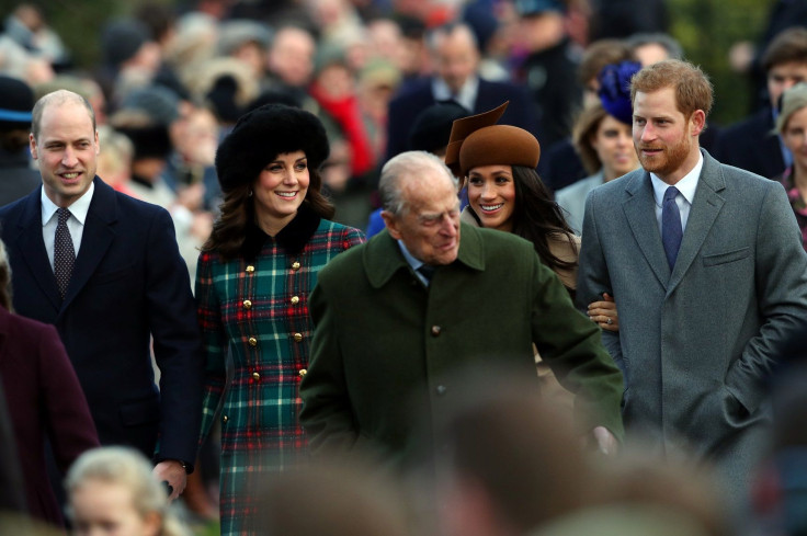 Britain's Prince William, Catherine, Duchess of Cambridge, Prince Harry and Meghan Markle and Prince Philip