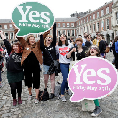 Women celebrate the result of yesterday's referendum on liberalizing abortion law, in Dublin, Ireland, May 26, 2018.