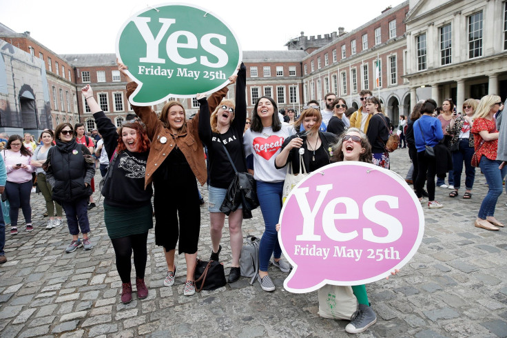 Women celebrate the result of yesterday's referendum on liberalizing abortion law, in Dublin, Ireland, May 26, 2018.