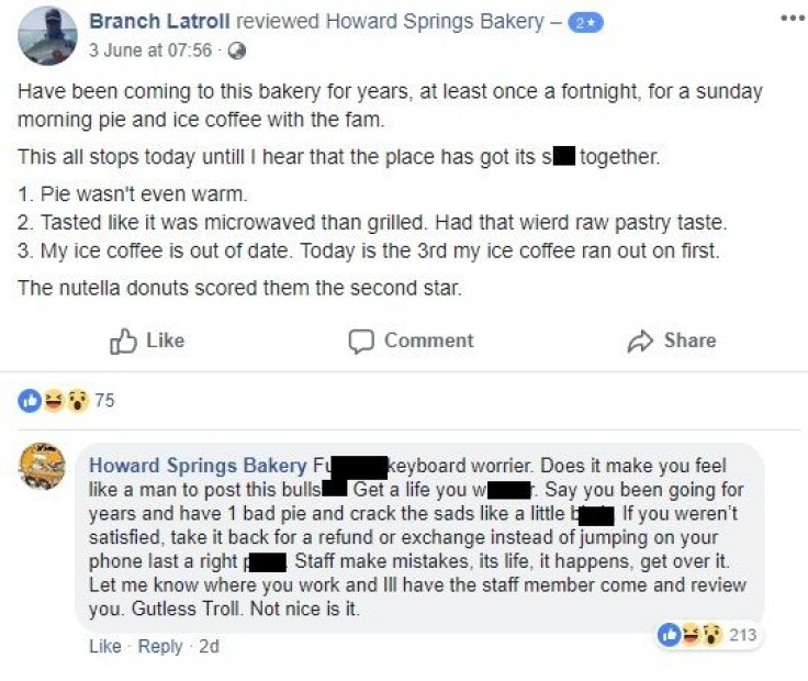 A customer left a negative review on the Facebook page of an NT bakery