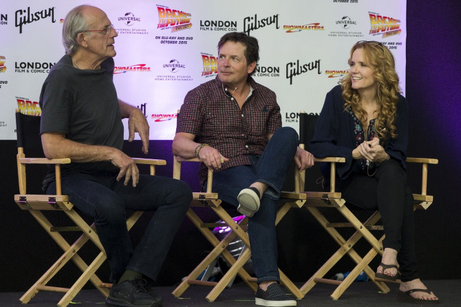 Actors Christopher Lloyd (l), Michael J Fox (c) and Lea Thompson (r) attend a media conference for the 30th anniversary of their film "Back to the Future" at the London Film and Comic-Con in London, Britain July 17, 2015.