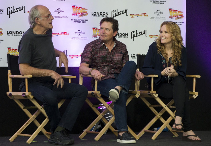 Actors Christopher Lloyd (l), Michael J Fox (c) and Lea Thompson (r) attend a media conference for the 30th anniversary of their film "Back to the Future" at the London Film and Comic-Con in London, Britain July 17, 2015.
