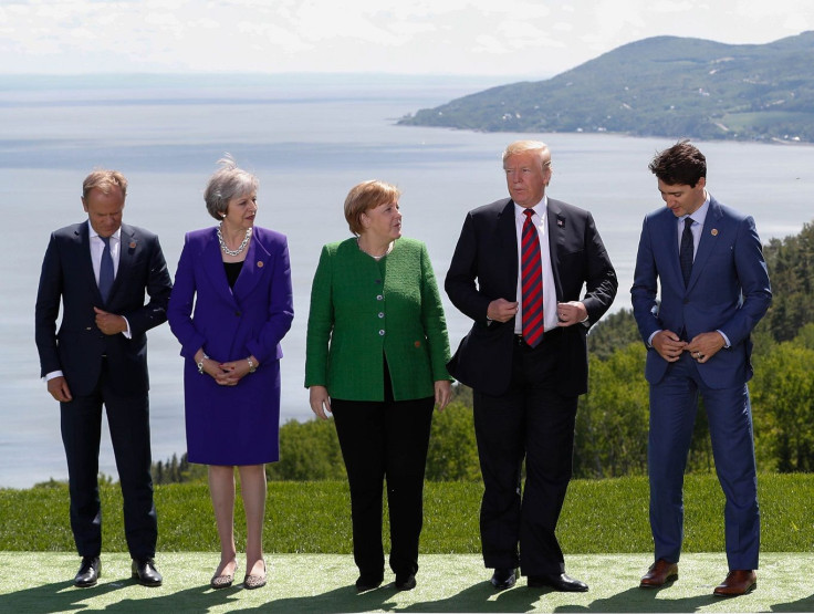 European Council President Donald Tusk, Britain's Prime Minister Theresa May, Germany's Chancellor Angela Merkel, U.S. President Donald Trump and Canada's Prime Minister Justin Trudeau