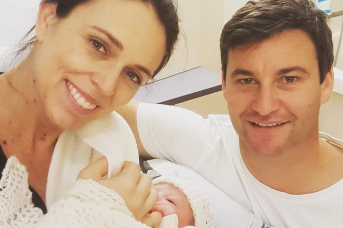 New Zealand Prime Minister Jacinda Ardern is seen with her baby daughter and partner Clarke Gayford 