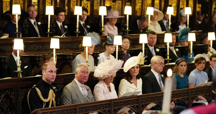 (Left to right) The Duke of Cambridge, the Prince of Wales, the Duchess of Cornwall, the Duchess of Cambridge, the Duke of York, Princess Beatrice, Princess Eugenie sittin