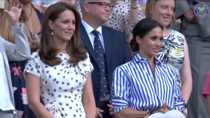 Catherine, Duchess of Cambridge, and Meghan, Duchess of Sussex, listen to Serena Williams' inspiring speech after the American tennis player's loss to German Angelique Kerber. July 14, 2018, Wimbledon.