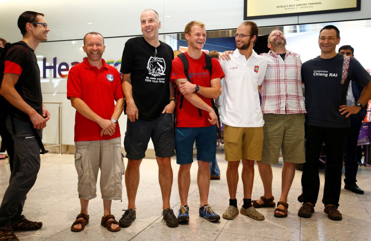 British cave divers, Rick Stanton, Chris Jewell, Connor Roe, Josh Bratchley, Jim Warny, Mike Clayton and Gary Mitchell, arrive back at Heathrow Airport, having helped in the rescue of the 12 boys in Thailand, in London, Britain, July 13, 2018.