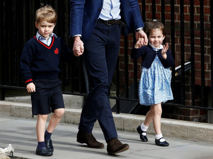 Britain's Prince William arrives at the Lindo Wing of St Mary's Hospital with his children Prince George and Princess Charlotte after his wife Catherine, the Duchess of Cambridge, gave birth to a son, in London, April 23, 2018.
