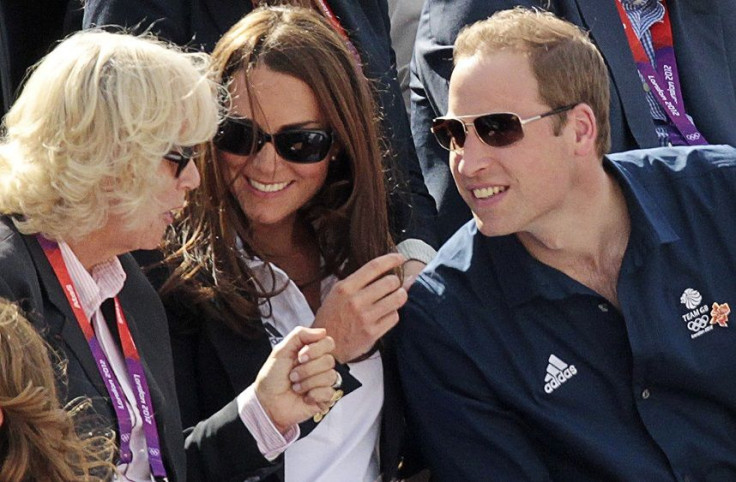 Camilla Parker Bowles, Duchess of Cornwall, Kate Middleton (C), Duchess of Cambridge, and Prince William (R)