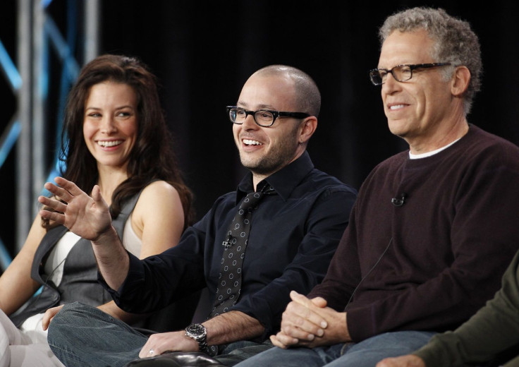 Cast member Evangeline Lilly (L), co-creator and executive producer Damon Lindelof (C) and executive producer Carlton Cuse (R) of the series "Lost"