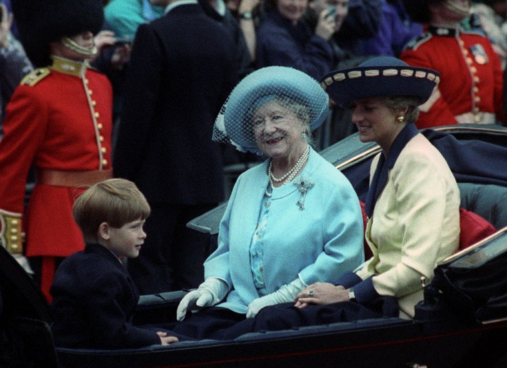 The Queen Mother, accompanied by the Princess of Wales and her six year old son Prince Harry