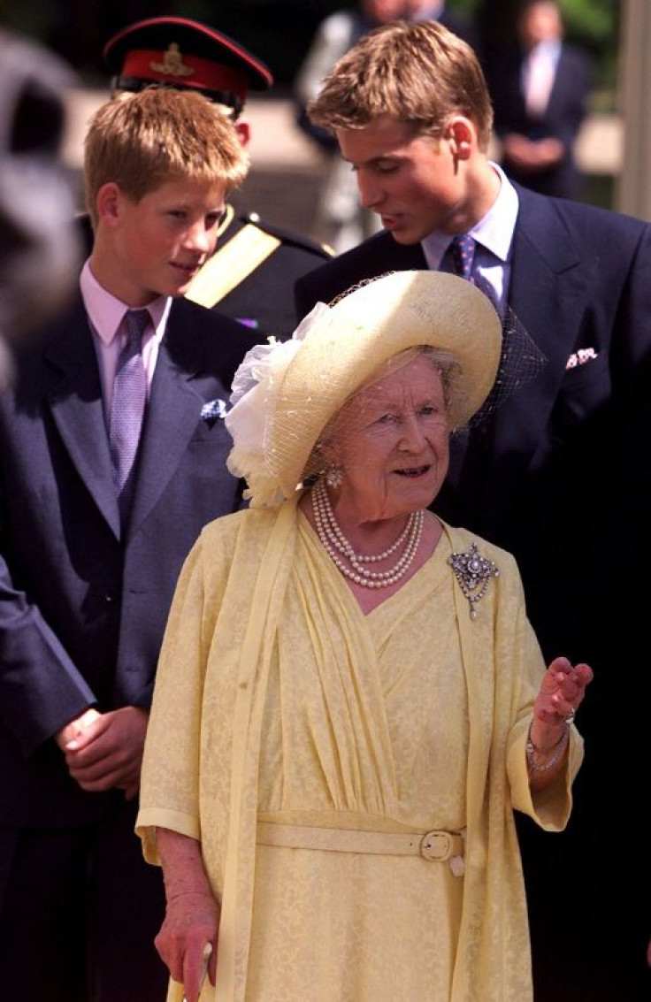 The Queen Mother is joined by her great grandsons Prince William (R) and Prince Harry