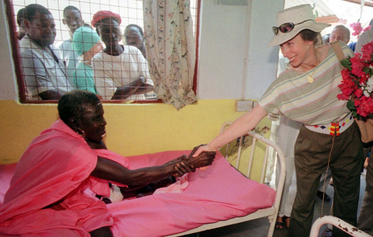 The Princess Royal, Princess Anne, greets an elderly woman at the ICRC hospital in Lokichokio, Kenya September 29, 1998.