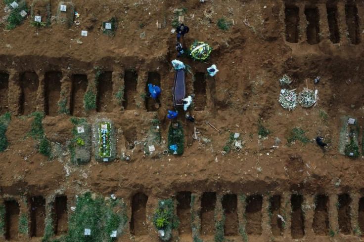 Aerial picture showing gravediggers burying an alleged COVID-19 victim at the Vila Formosa Cemetery, in the outskirts of Sao Paulo, Brazil