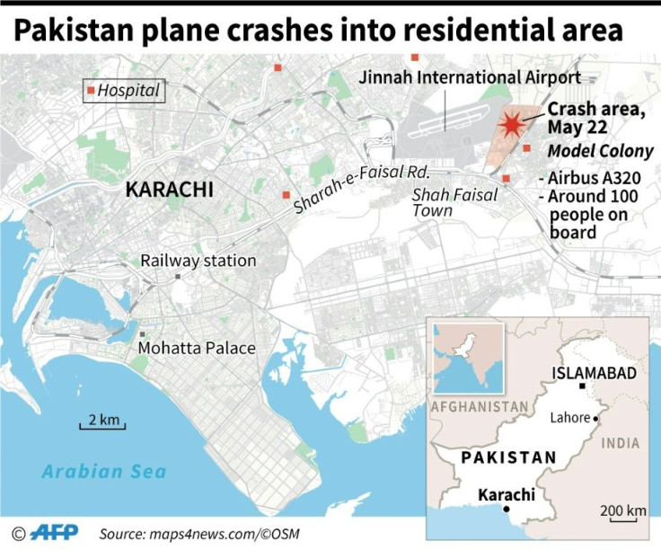 Close-up map of Karachi in Pakistan locating the crash area of a plane carrying around 100 people on Friday.