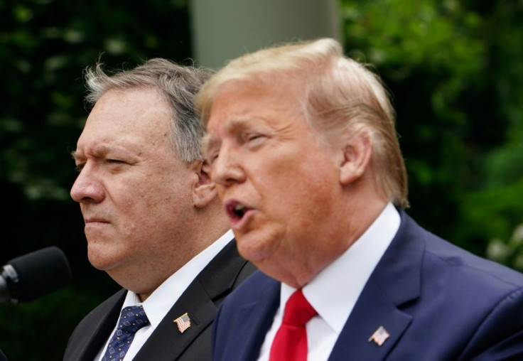 US President Donald Trump, with US Secretary of State Mike Pompeo, holds a press conference on China in the White House Rose Garden