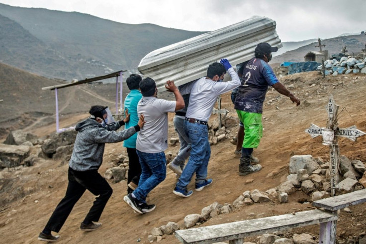 Relatives carry the coffin of a suspected COVID-19 victim in the outskirts of Lima, Peru