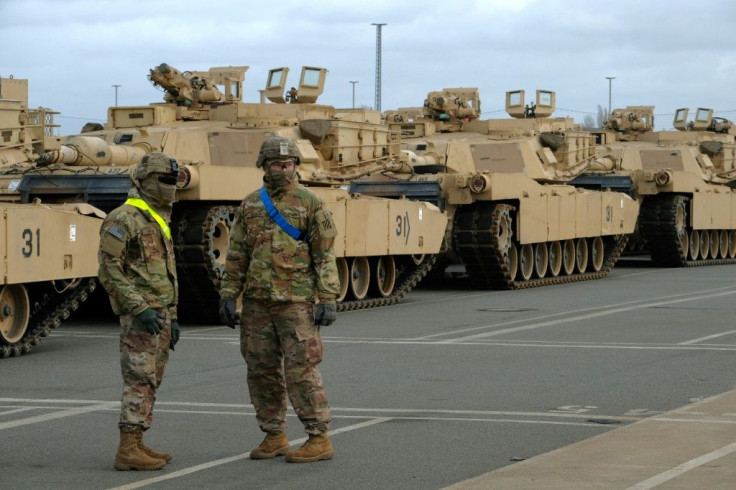 US military personnel and M1 Abrams tanks in German ahead of war games in February 2020