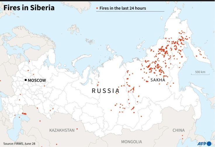 Map of Russia showing fires in Sibera during the last 24 hours