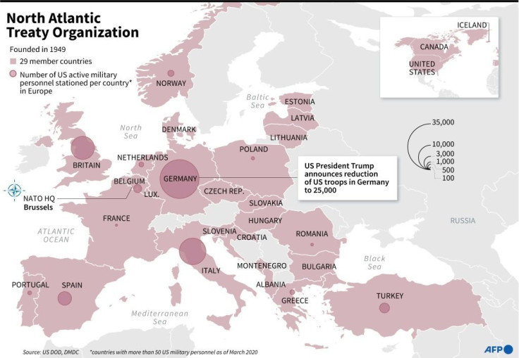 Map of the NATO member states showing the numbers of US troops stationed by country.