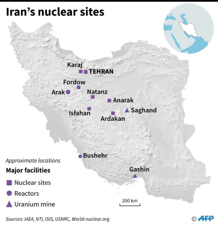 Map of Iran showing main nuclear facilities.