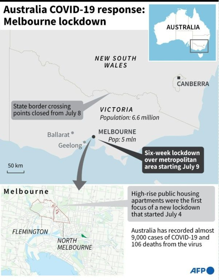 Map showing Melbourne, Australia where a new six-week lockdown is to be imposed starting today.