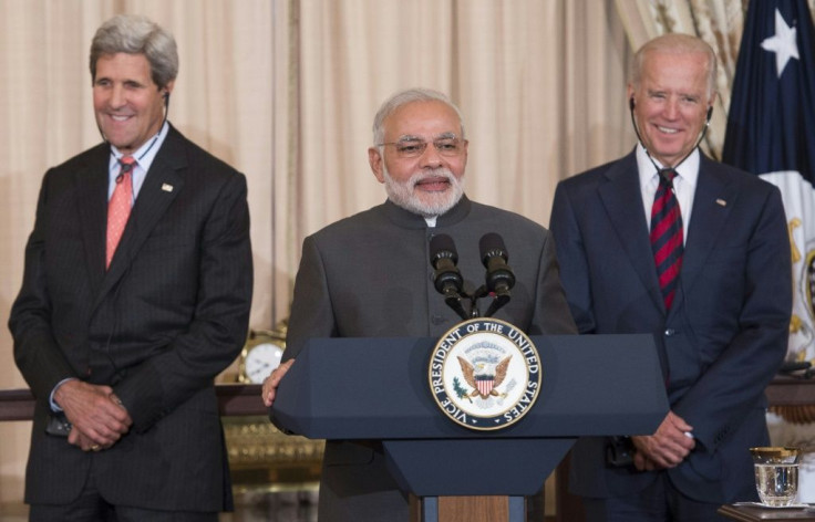 Indian Prime Minister Narendra Modi speaks alongside then US vice president Joe Biden (right) and secretary of state John Kerry in Washington in 2014