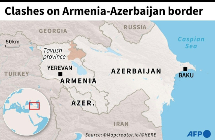 Map of Azerbaijan and Armenia locating the Armenian province of Tavush where border clashes occurred