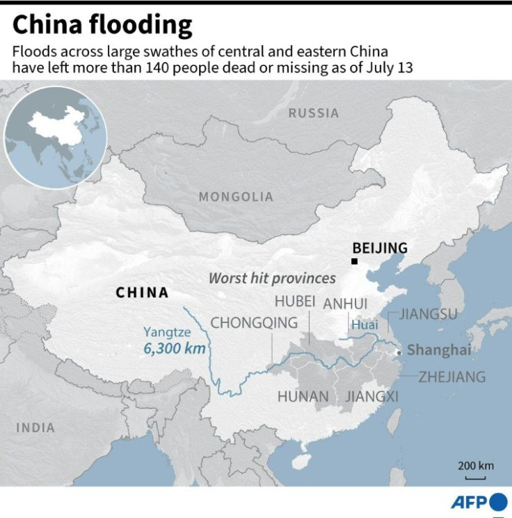 Map showing provinces worst hit by flooding in China that has left more than 140 people dead as of July 13