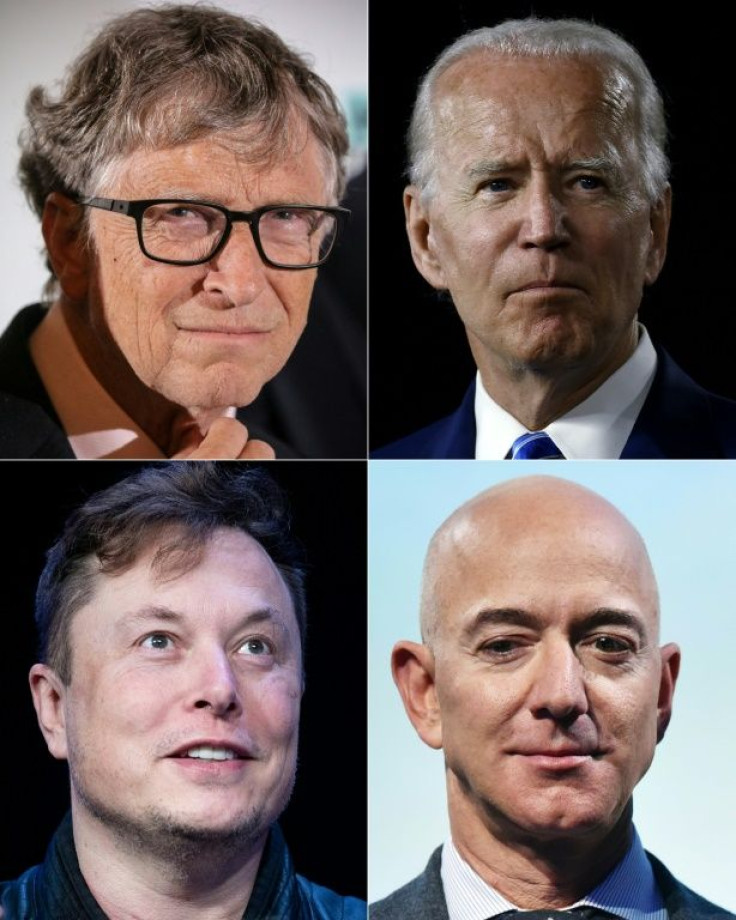 L-R, top to bottom: Microsoft founder Bill Gates, Democratic presidential candidate Joe Biden, SpaceX founder Elon Musk and Amazon founder Jeff Bezos