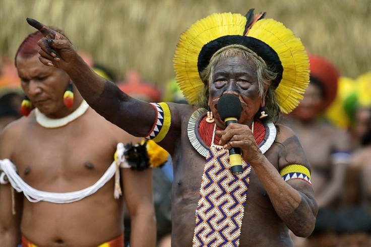 Raoni Metuktire addresses members of different Brazilian tribes in Piaracu village, Mato Grosso state, in January 2020