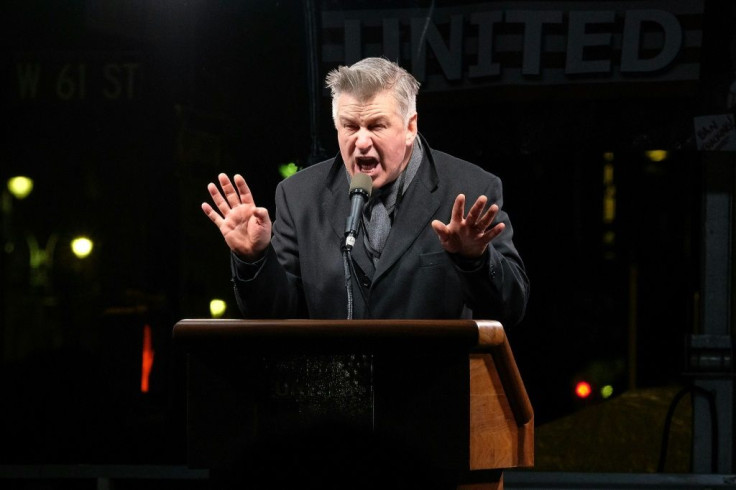 Actor Alec Baldwin, who plays Trump on "Saturday Night Live," speaks during a rally outside Trump International Hotel & Tower in New York in January 2017